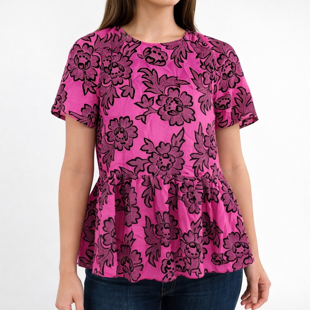 Dolce Vita Womens Floral Silk Peplum Blouse Small Pink Black Short Sleeve Boho